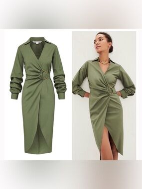 Veronica Beard Afton Olive Wrap Midi Dress size 12 w Gold Ring beautiful